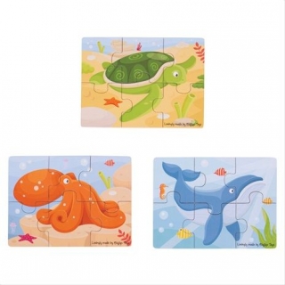 Bigjigs Toys drevené puzzle 3v1 morské zvieratká